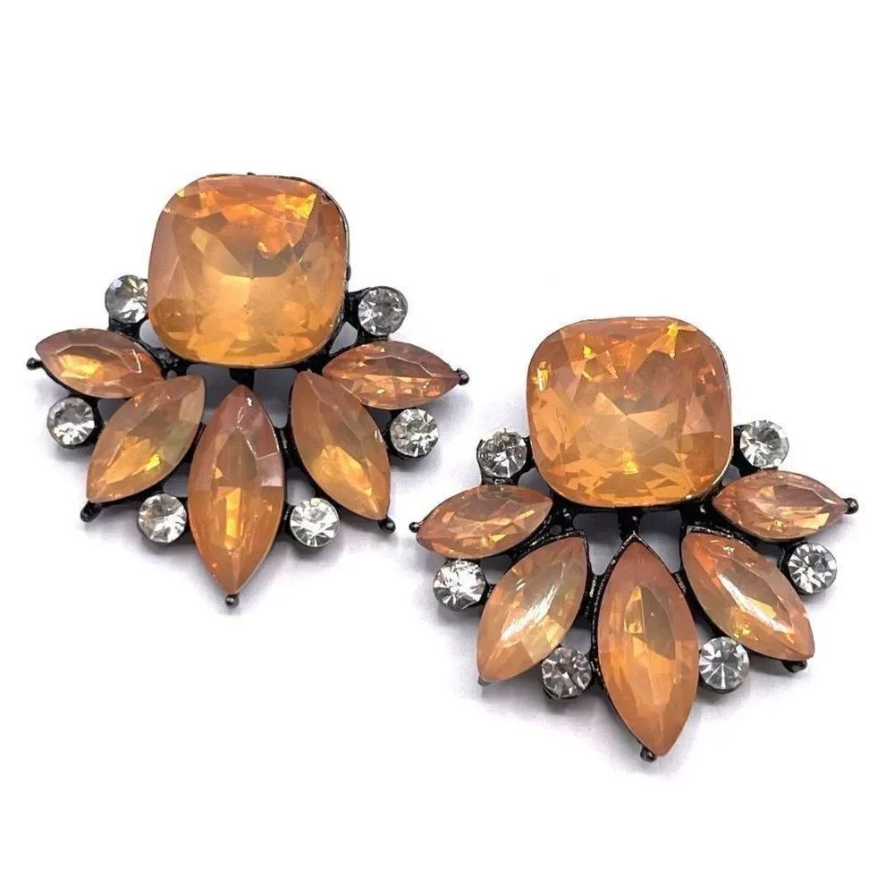 Carbon Black with Peach Pink and White Crystal Art Deco Post Back Earrings